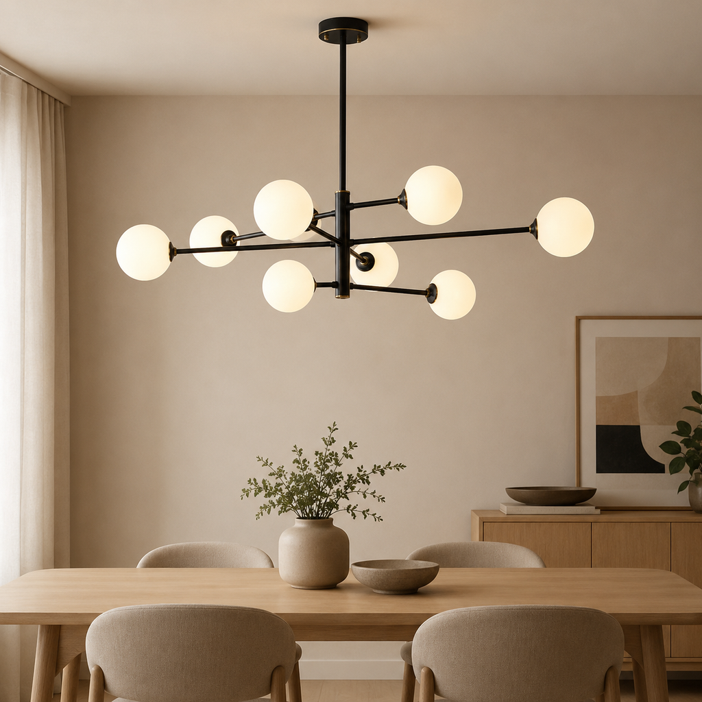 Lumiris lustre moderne en cuivre et verre, 8 globes lumineux sphériques, design géométrique, idéal pour salon ou salle à manger.
