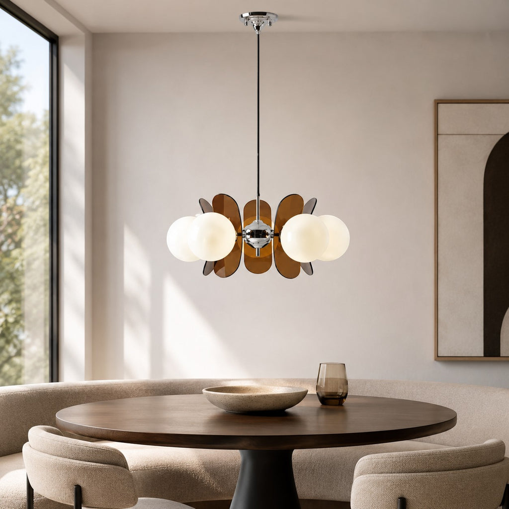 Lumiris lustre suspension design floral métal brun et chrome avec globes blancs, style moderne