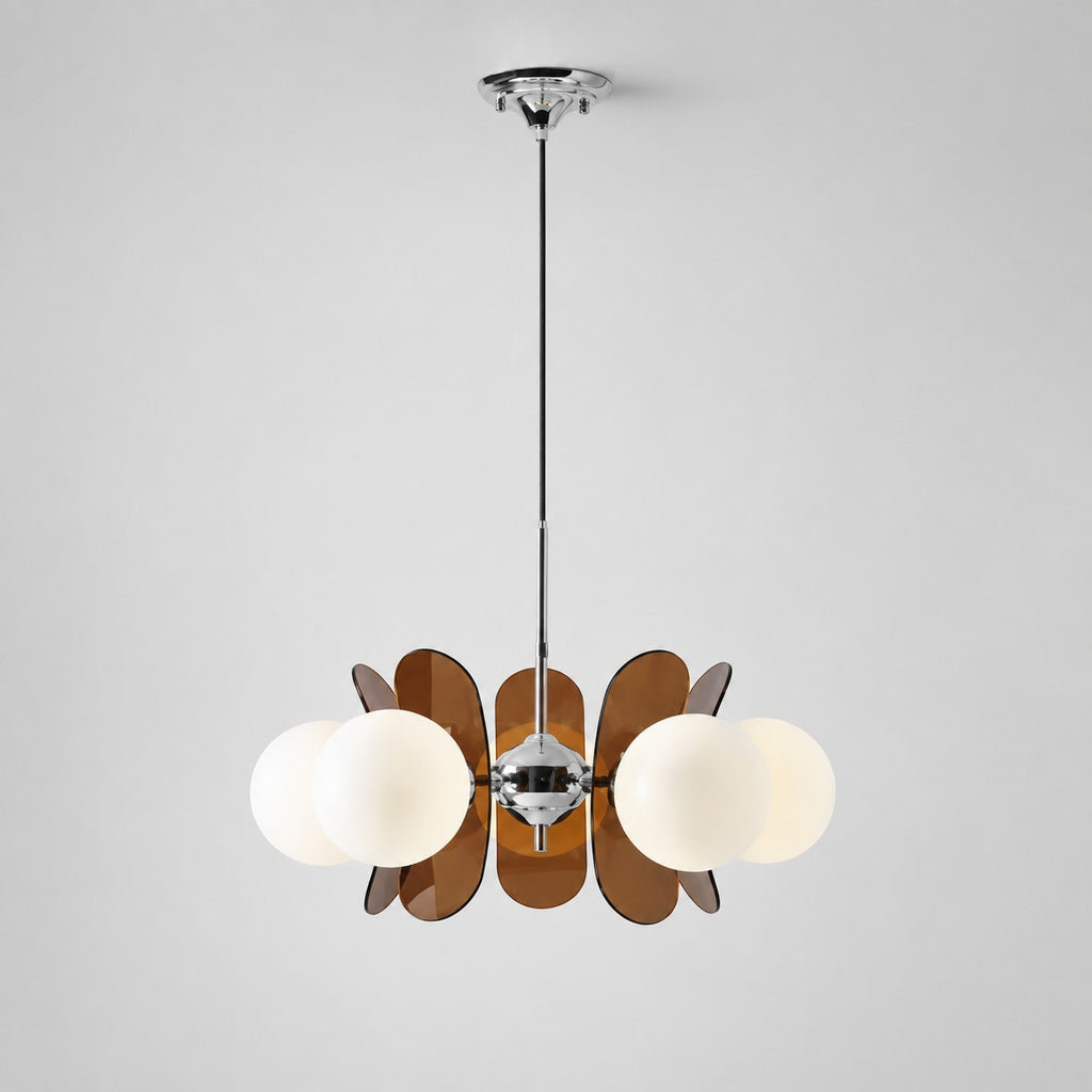 Lumiris lustre suspendu design floral en métal brun et chrome avec globes en verre blanc