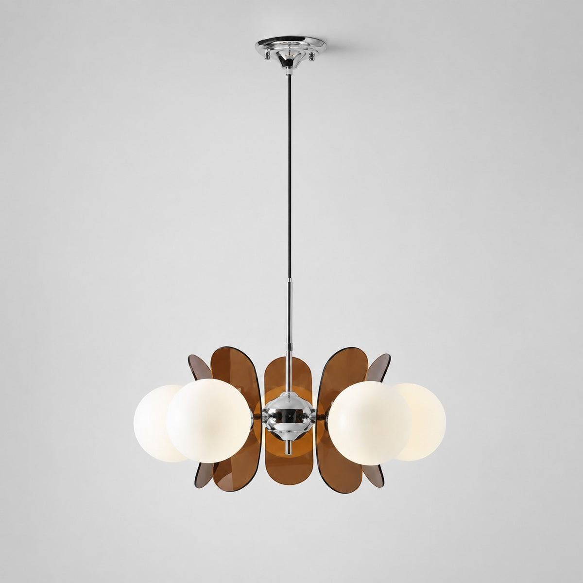 Lumiris lustre suspendu design floral en métal brun et chrome avec globes en verre blanc