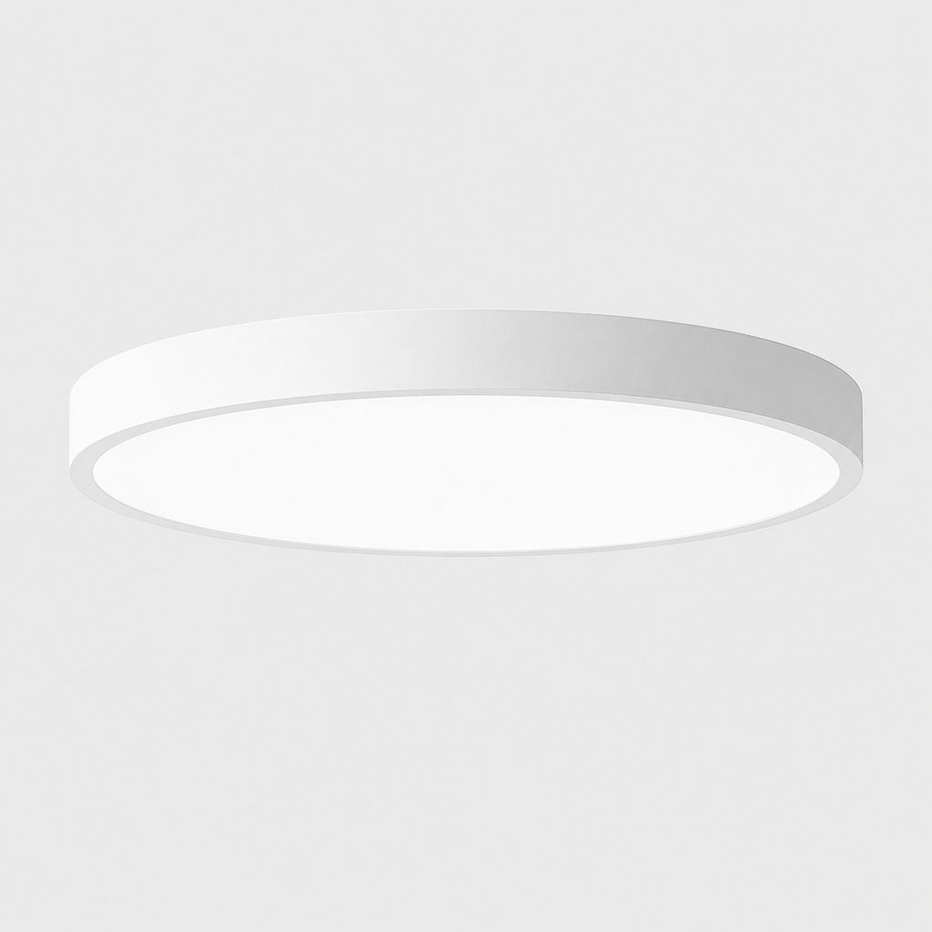 Lumiris plafonnier LED blanc arrondi et plat, design moderne, éclairage dimmable, diffuseur verre givré.