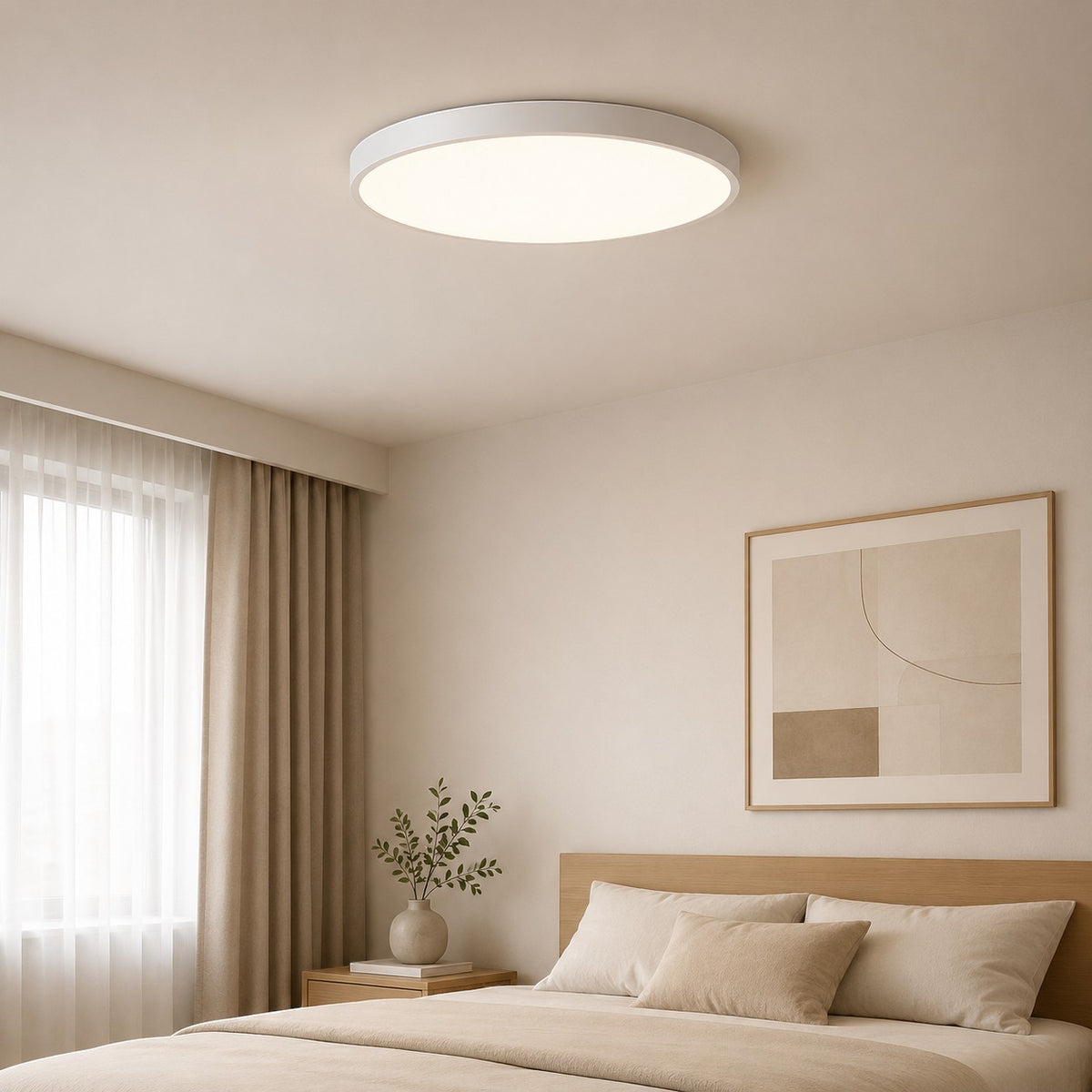 Lumiris Plafonnier LED blanc arrondi et plat, design moderne, éclairage dimmable, verre givré.