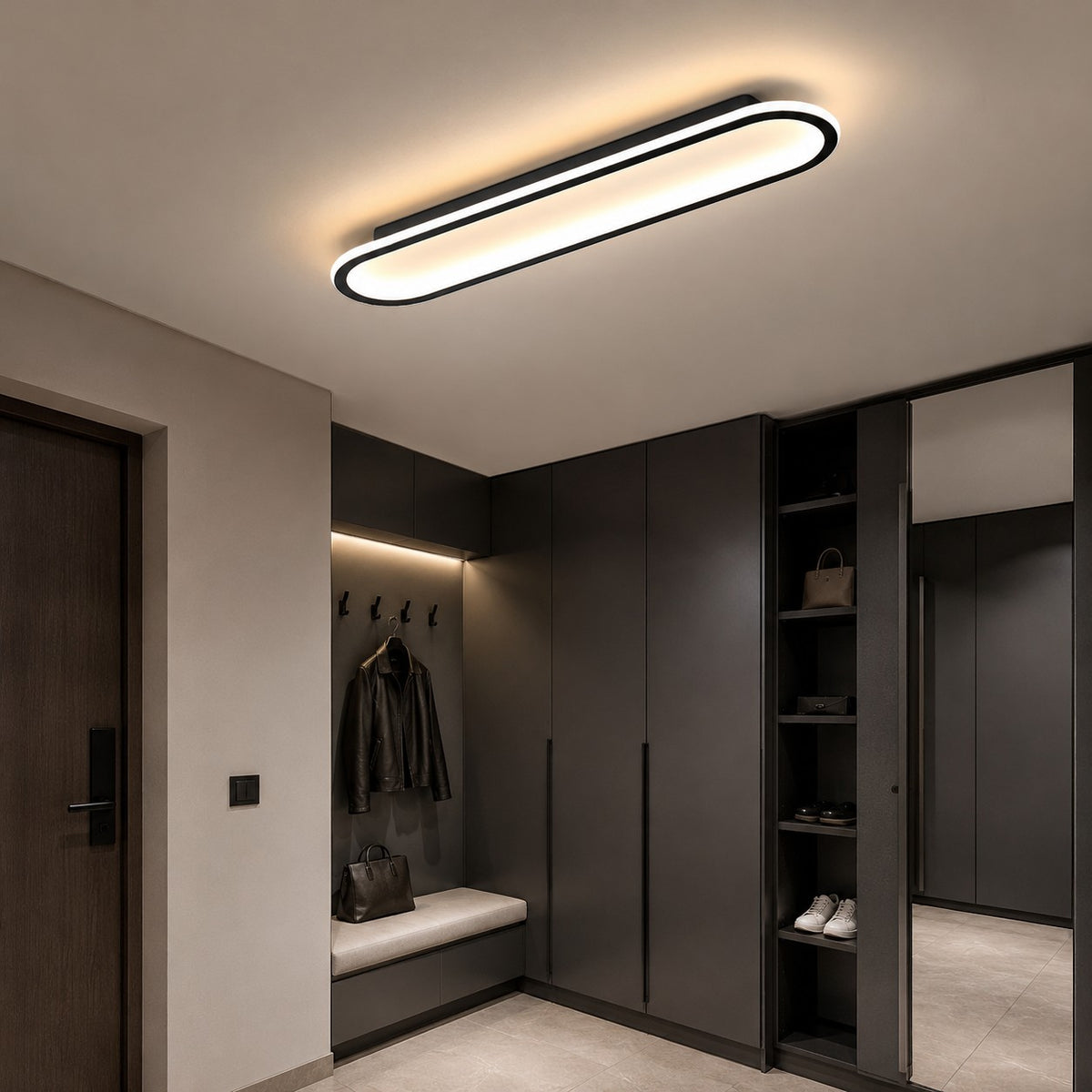 Lumiris plafonnier LED noir et or, design ovale moderne en métal et acrylique pour salon.