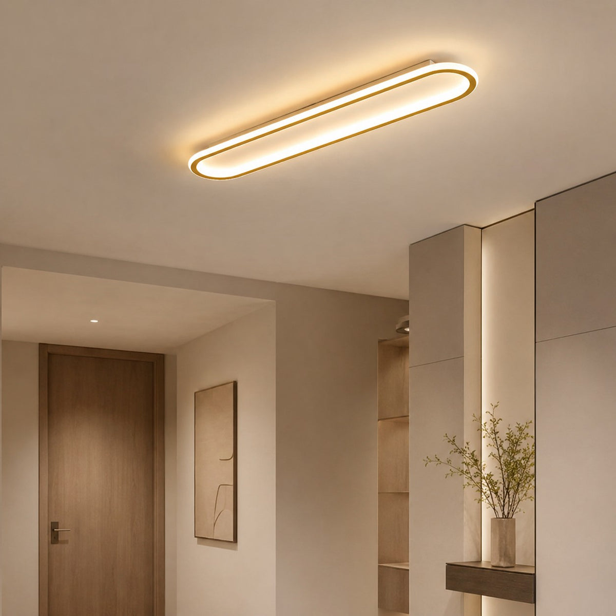 Plafonnier LED Lumiris design moderne, ovale, métal doré et acrylique blanc, éclairage doux pour salon.
