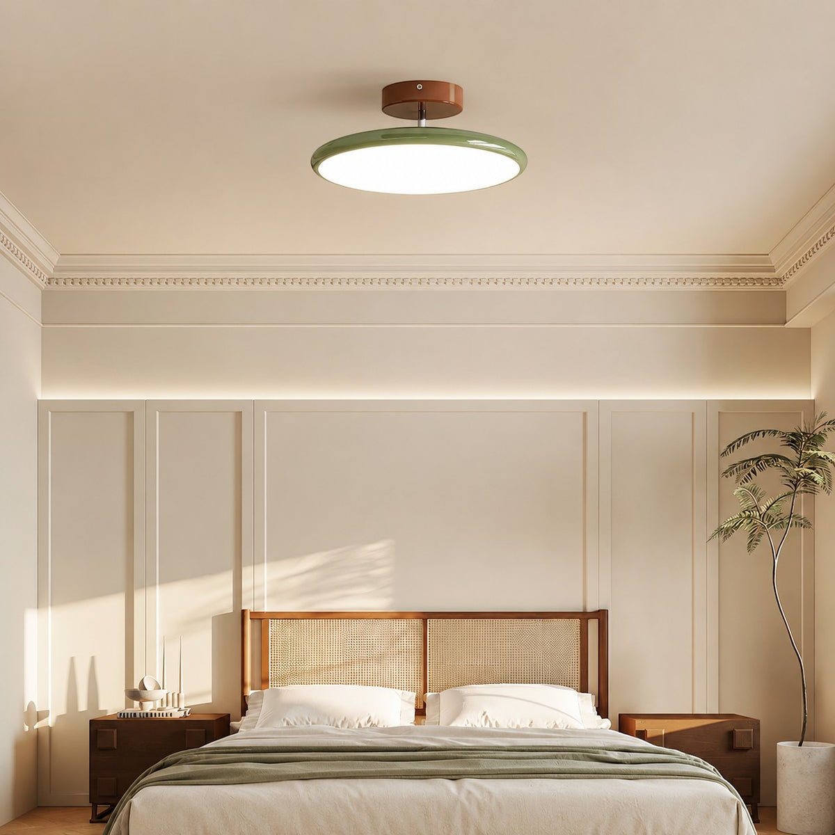 Plafonnier LED Lumiris orientable vert et bois, design moderne pour chambre ou salon.