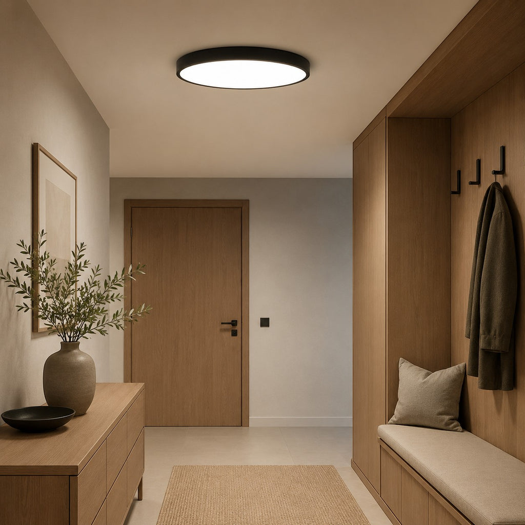 Lumiris plafonnier LED rond et plat, éclairage dimmable, diffuseur en verre givré, design moderne.