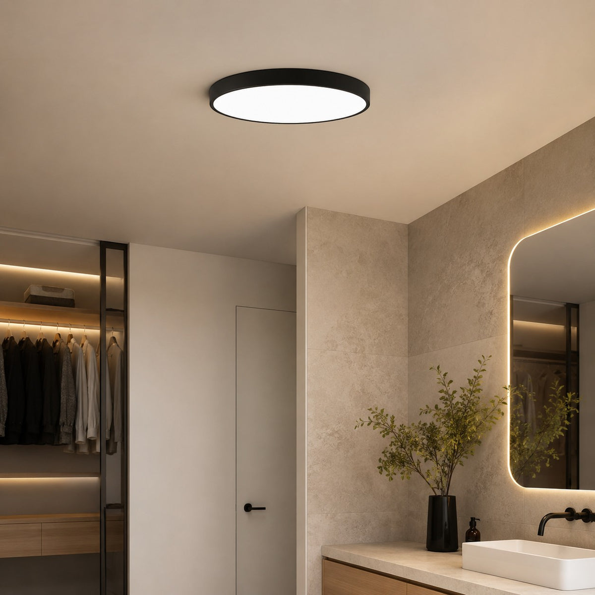 Lumiris plafonnier LED rond et plat noir avec diffuseur en verre givré, éclairage moderne et dimmable.
