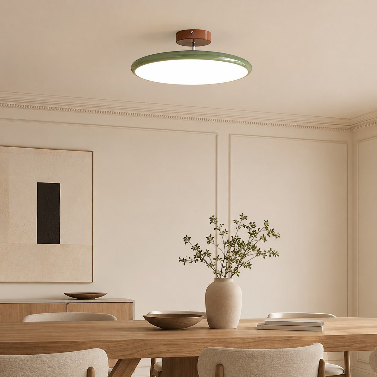 Plafonnier LED Lumiris vert et bois, design moderne, éclairage directionnel pour salon ou cuisine.