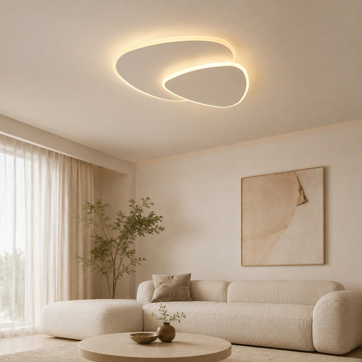 Plafonnier LED Lumiris design blanc en métal et acrylique, éclairage doux, 3 couleurs, dimmable.