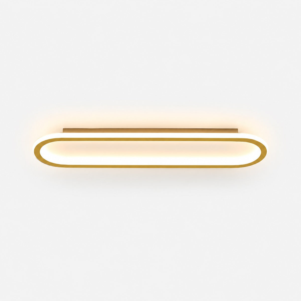 Plafonnier LED Lumiris doré et blanc, design ovale moderne en métal et acrylique, éclairage doux pour salon.