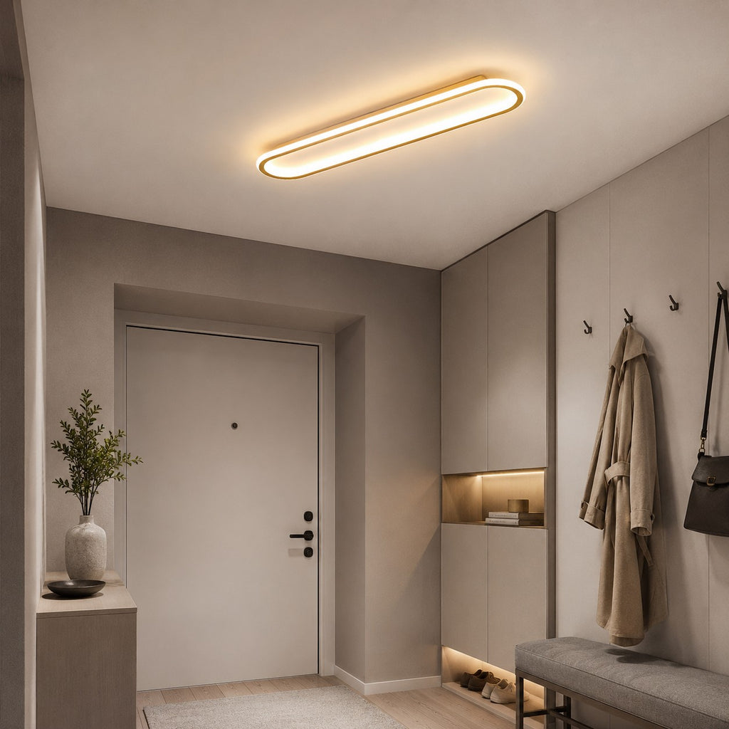 Lumiris plafonnier LED doré et blanc, design moderne ovale, métal et acrylique, éclairage intérieur.