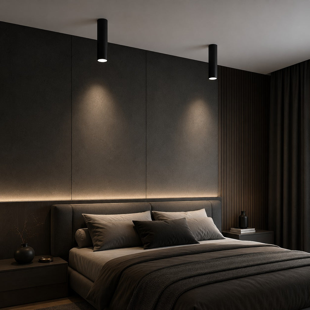 Lumiris spot LED tube noir en aluminium, éclairage de plafond design moderne pour chambre à coucher.