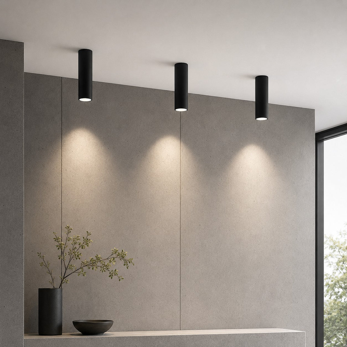 Lumiris Spot LED Tube Surface noir en aluminium, éclairage de plafond moderne pour bureau ou salon.