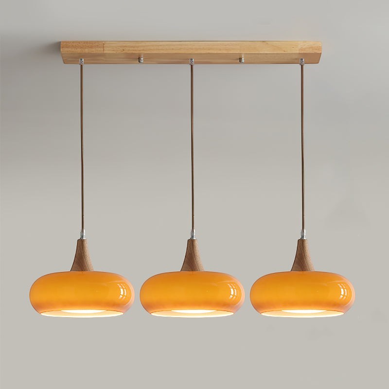 Lumiris Suspension en bois et verre ambré, 3 abat-jours ovales orange, design moderne pour salle à manger
