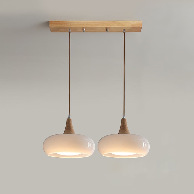 Lumiris suspension double abat-jour verre blanc et bois, style moderne pour salon ou cuisine.