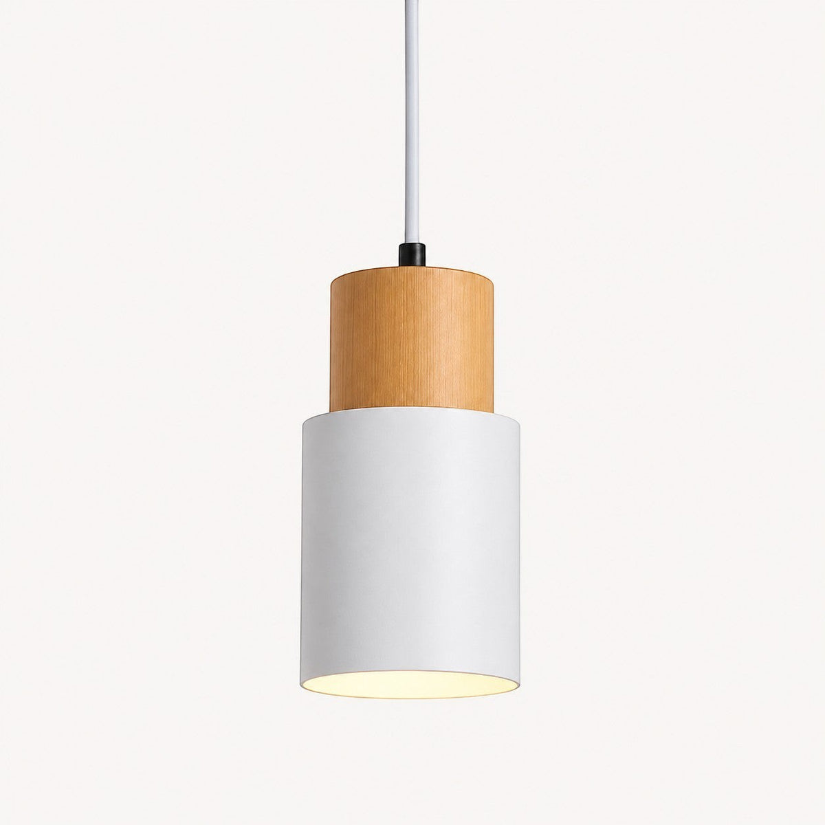 Lumiris suspension cylindrique en bois blond et métal blanc, design moderne pour cuisine et salon.