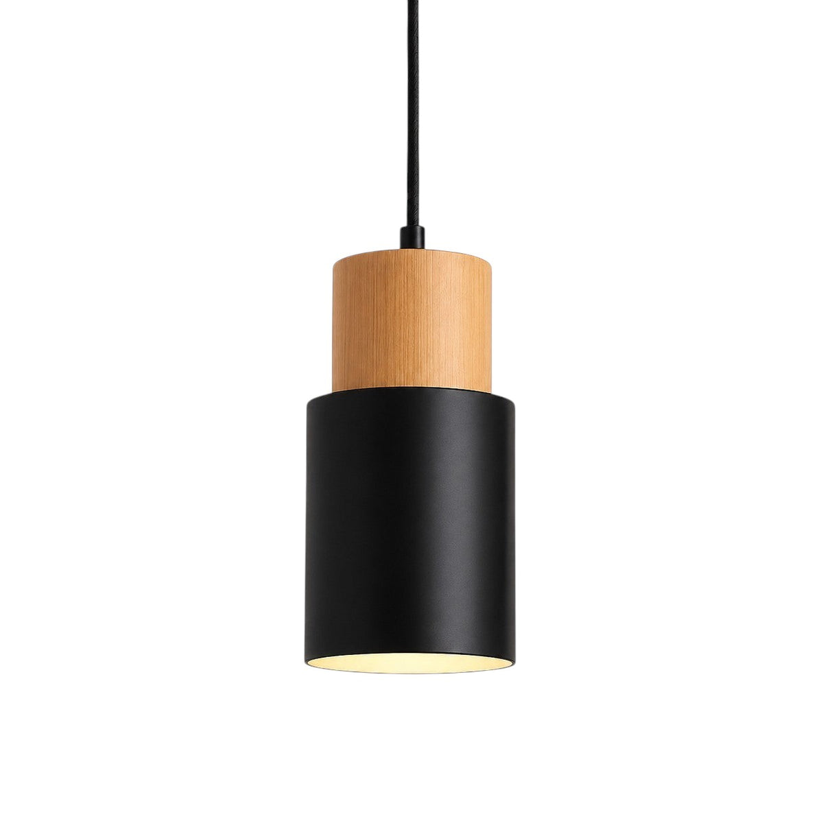 Lumiris suspension cylindrique noire et bois clair, design moderne pour cuisine et salon.