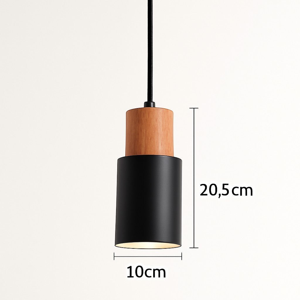 Lumiris suspension cylindrique noire et bois clair, design moderne, 10x20,5 cm, idéale cuisine et salon.