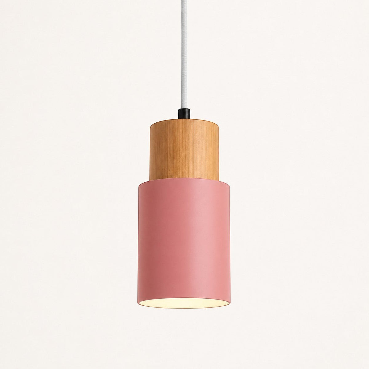 Lumiris suspension cylindrique rose et bois clair, design moderne pour cuisine et salon.