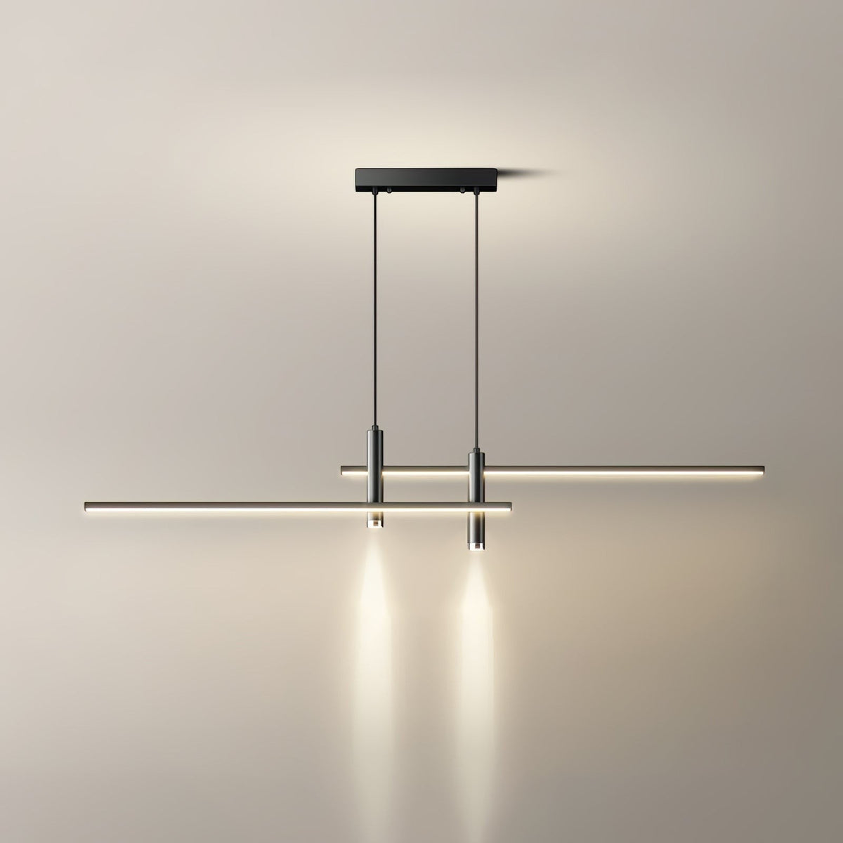 Lumiris suspension métallique design linéaire avec éclairage LED ciblé, idéale pour cuisine et salon.