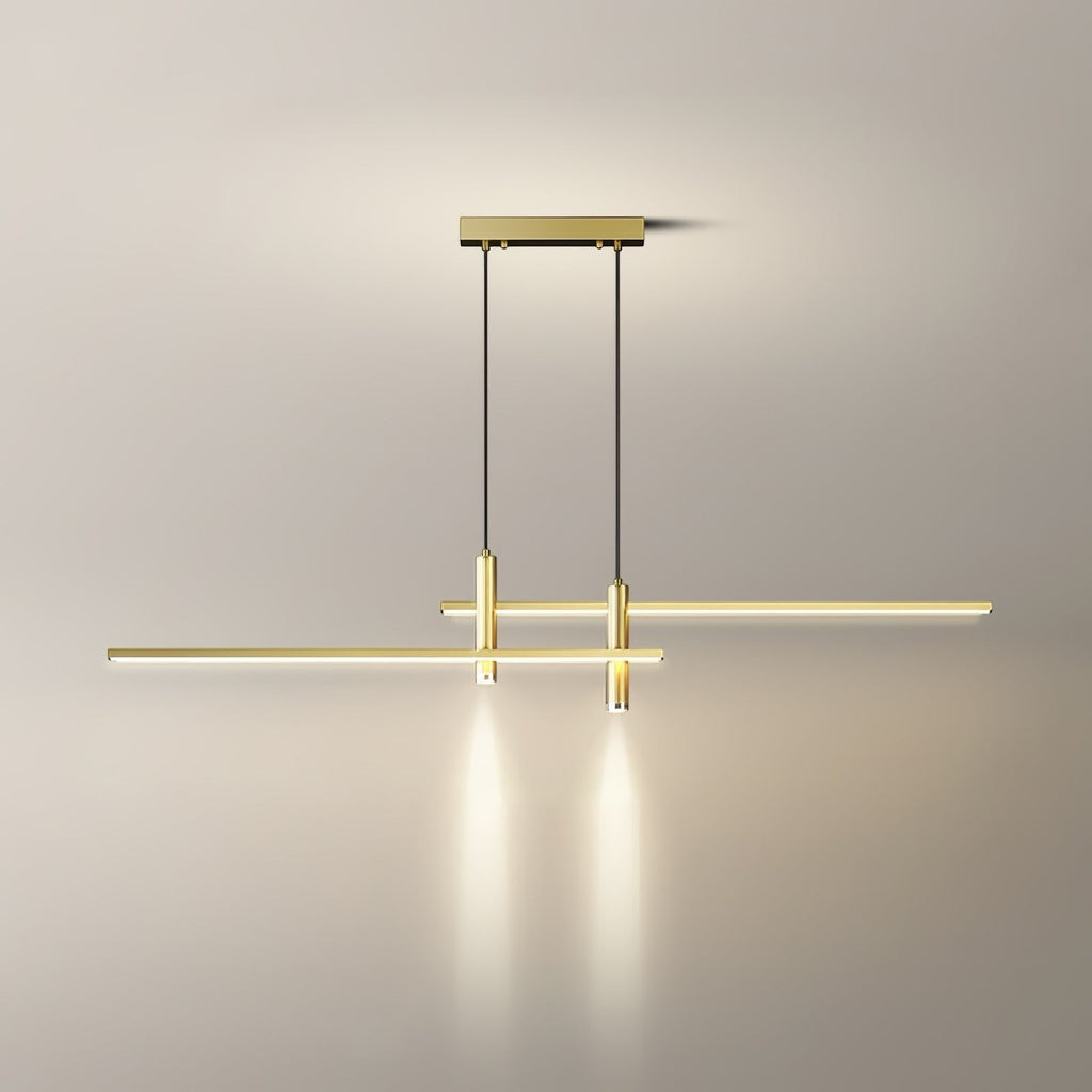 Lumiris suspension métallique dorée design linéaire minimaliste avec éclairage ciblé pour cuisine et salon.