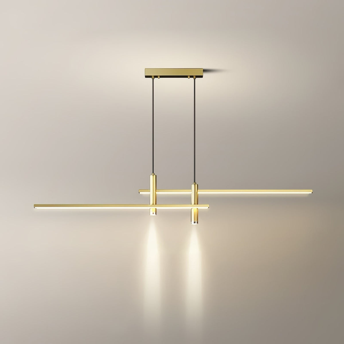 Lumiris suspension métallique dorée design linéaire minimaliste avec éclairage ciblé pour cuisine et salon.