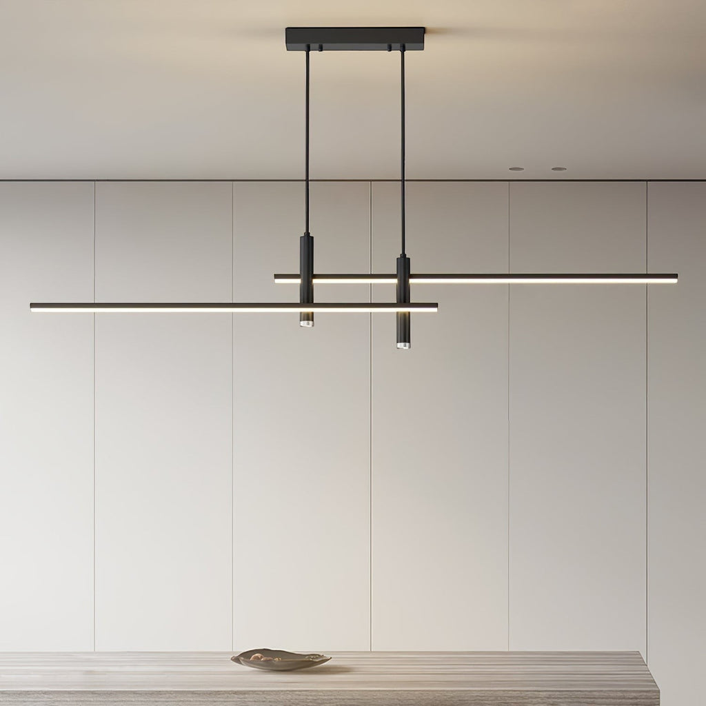 Lumiris suspension métallique design linéaire noir avec éclairage LED intégré, idéale pour cuisine et salon.