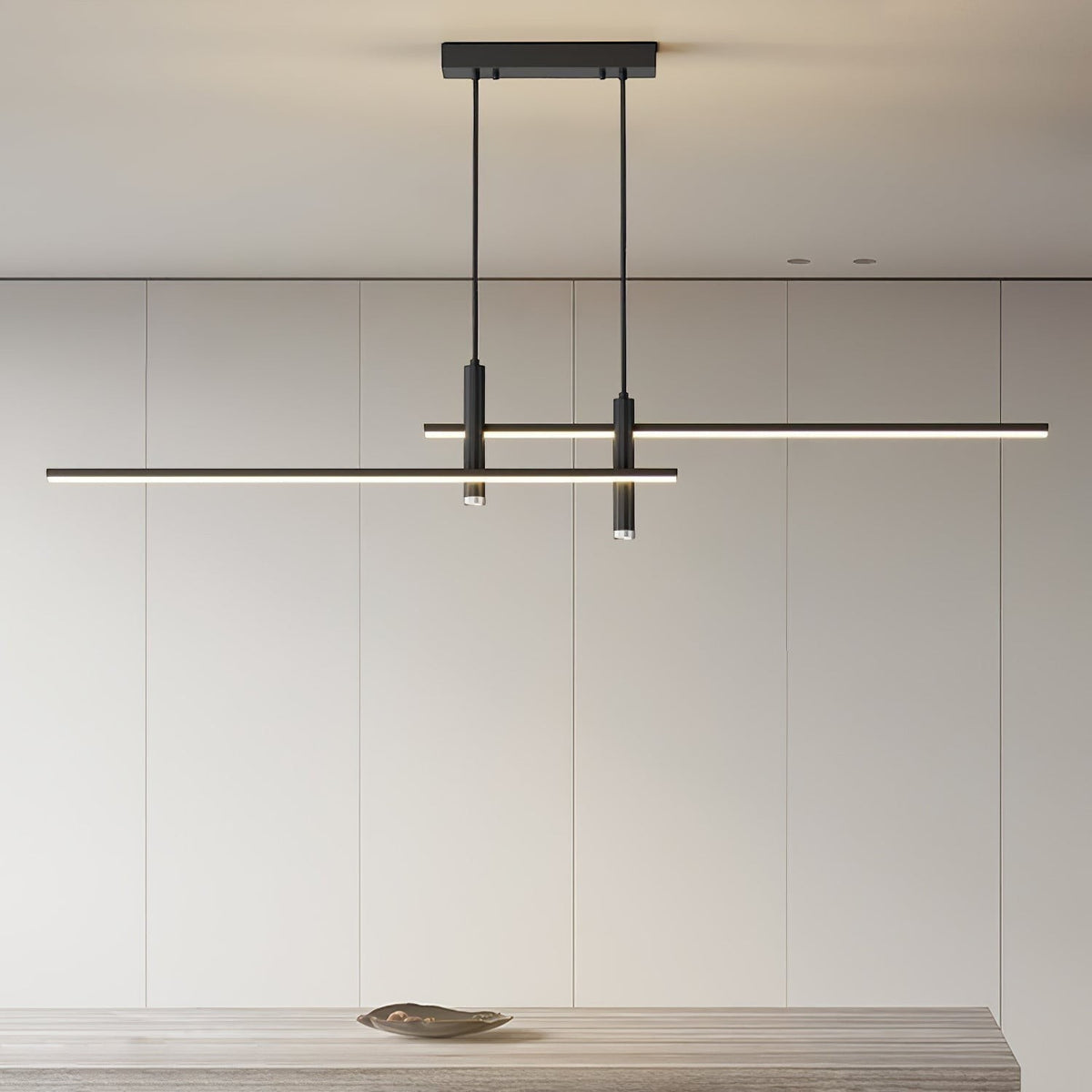 Lumiris suspension métallique design linéaire noir avec éclairage LED intégré, idéale pour cuisine et salon.