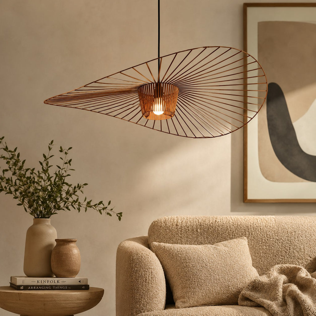 Lumiris Suspension ondulée en tissu cuivre, design contemporain, idéale pour salon ou chambre.