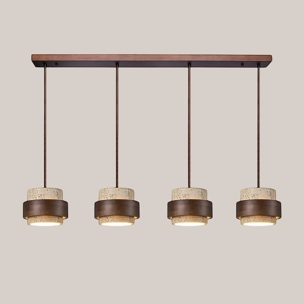 Lumiris Suspension cylindrique en travertin clair et bois sombre, design naturel et moderne.
