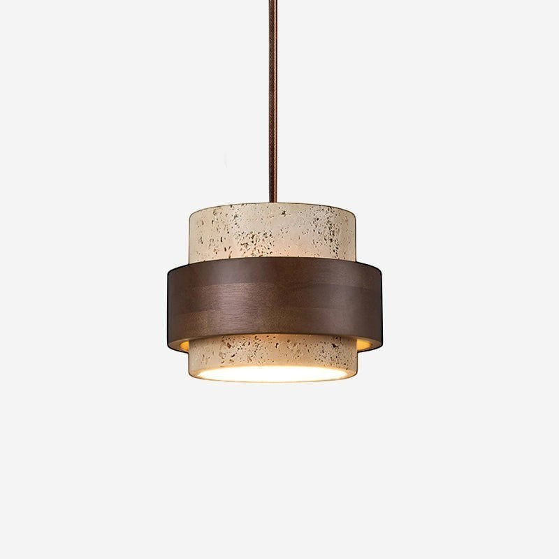 Lumiris Suspension cylindrique en travertin clair et bois sombre, design naturel et moderne.