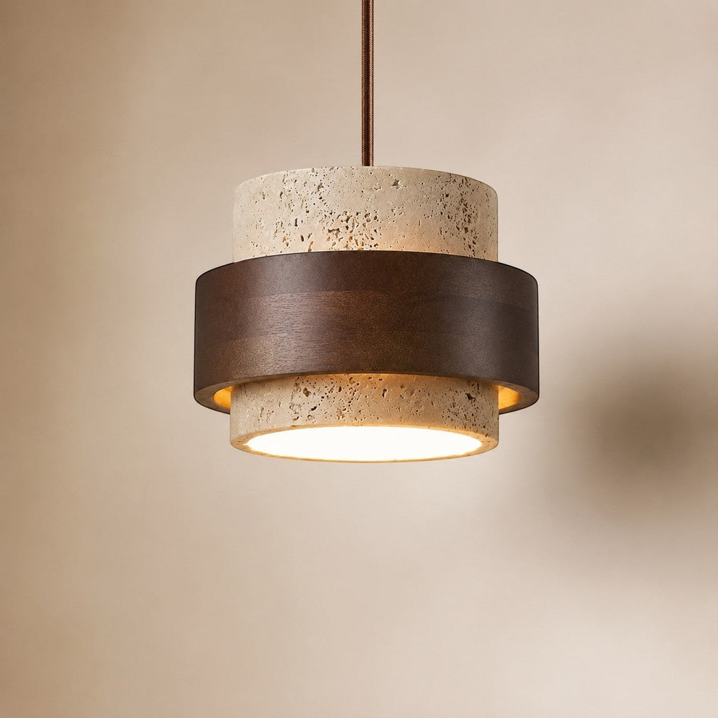 Lumiris Suspension cylindrique en travertin clair et bois sombre, design naturel et moderne.
