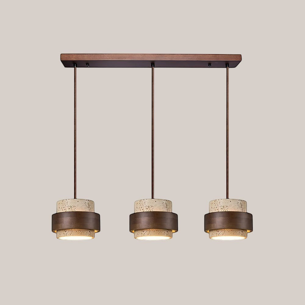 Lumiris Suspension cylindrique en travertin clair et bois sombre, design naturel et moderne.