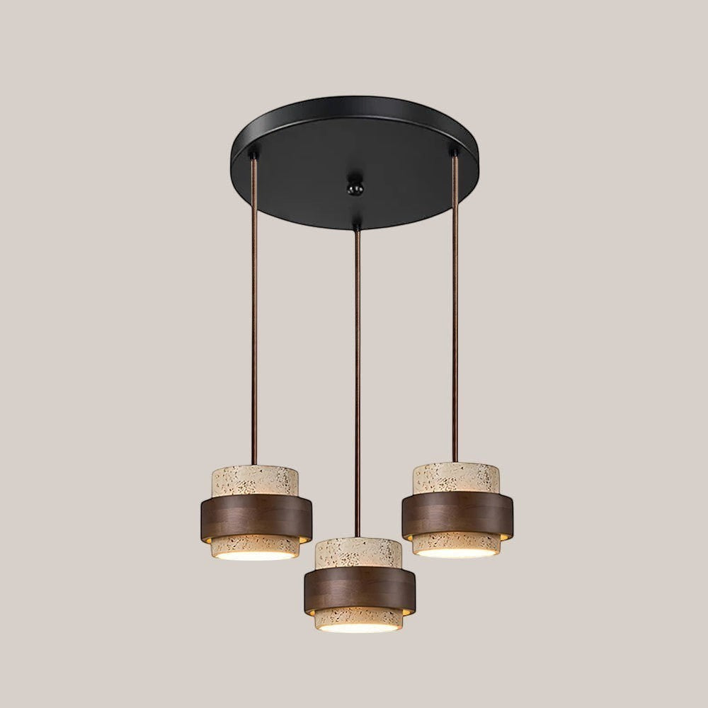 Lumiris Suspension Travertin Cylindrique, luminaire design naturel en travertin clair et bois sombre, 3 suspensions