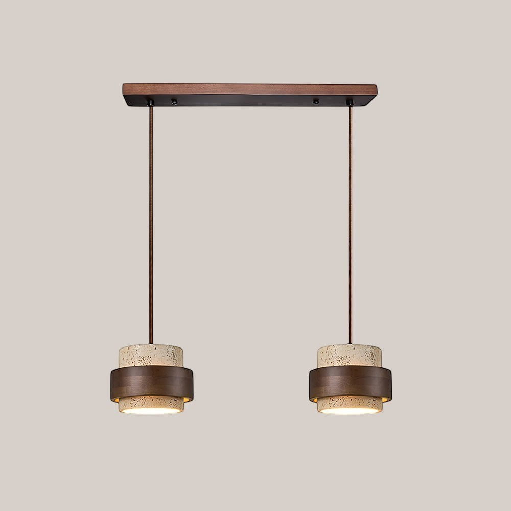 Lumiris Suspension cylindrique en travertin clair et bois sombre, design naturel et moderne.