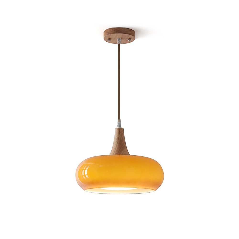 Lumiris suspension en verre ambré et bois, design moderne, éclairage ambiant pour salon ou salle à manger.