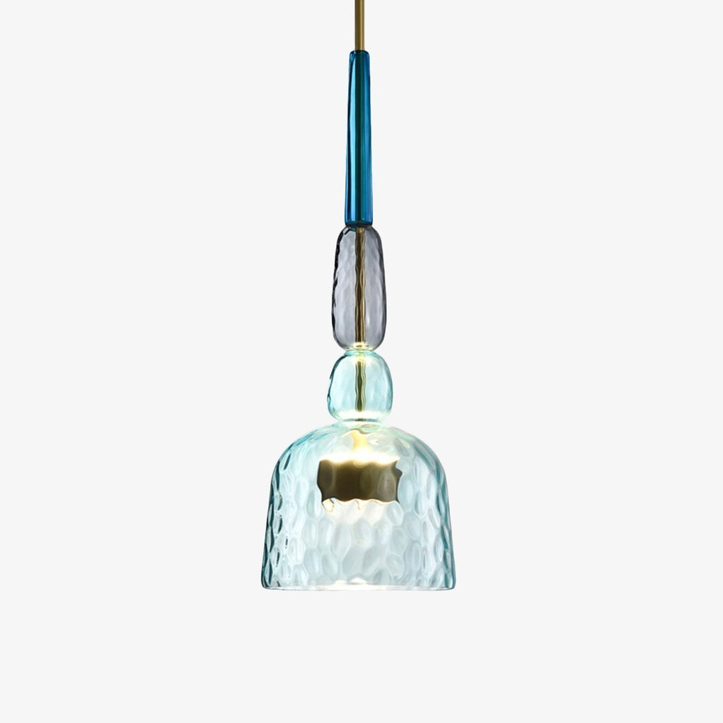 Lumiris suspension LED en verre bleu texturé, design moderne, idéale pour salle à manger.