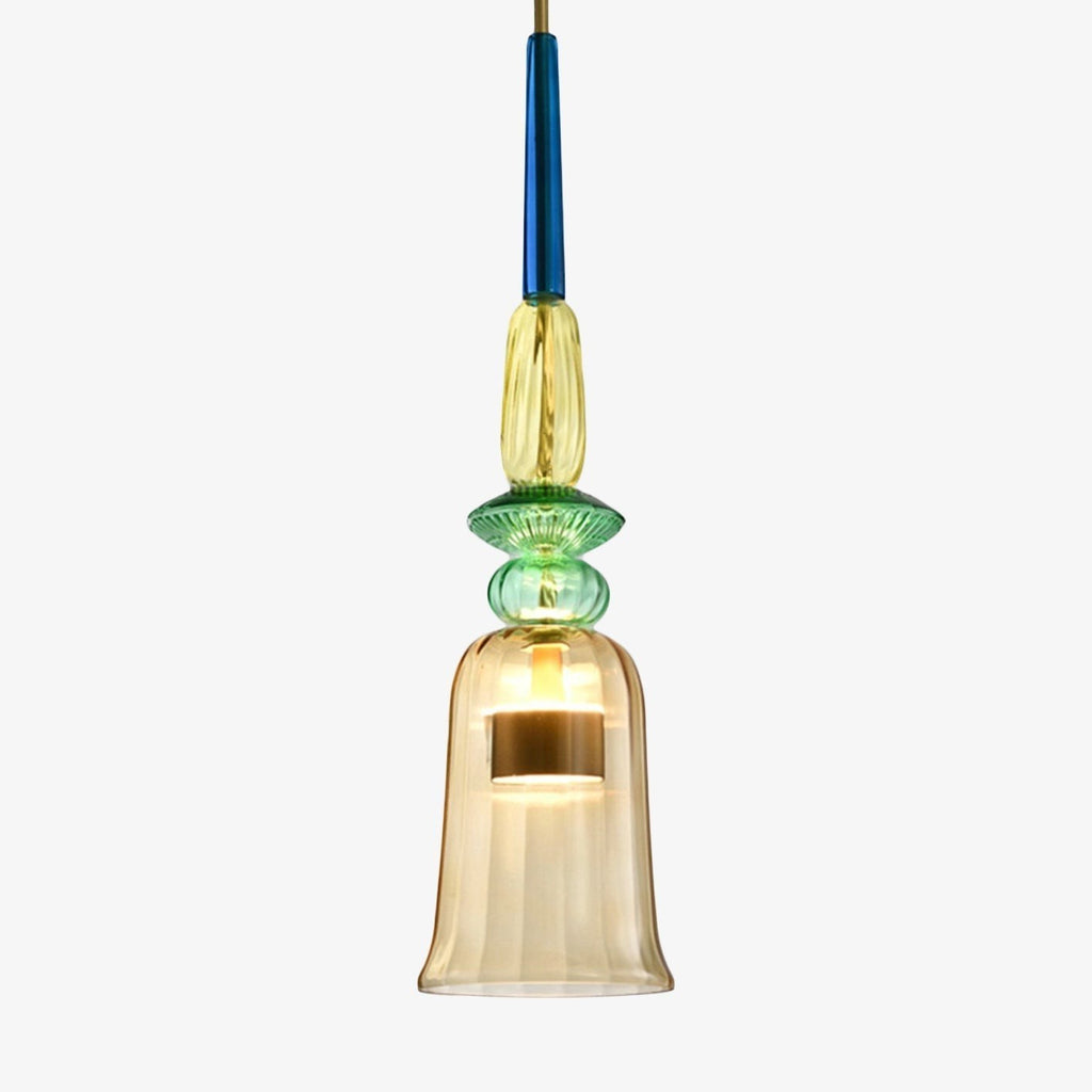 Lumiris suspension moderne en verre coloré ambre, vert et bleu, design artistique, idéale pour salle à manger.