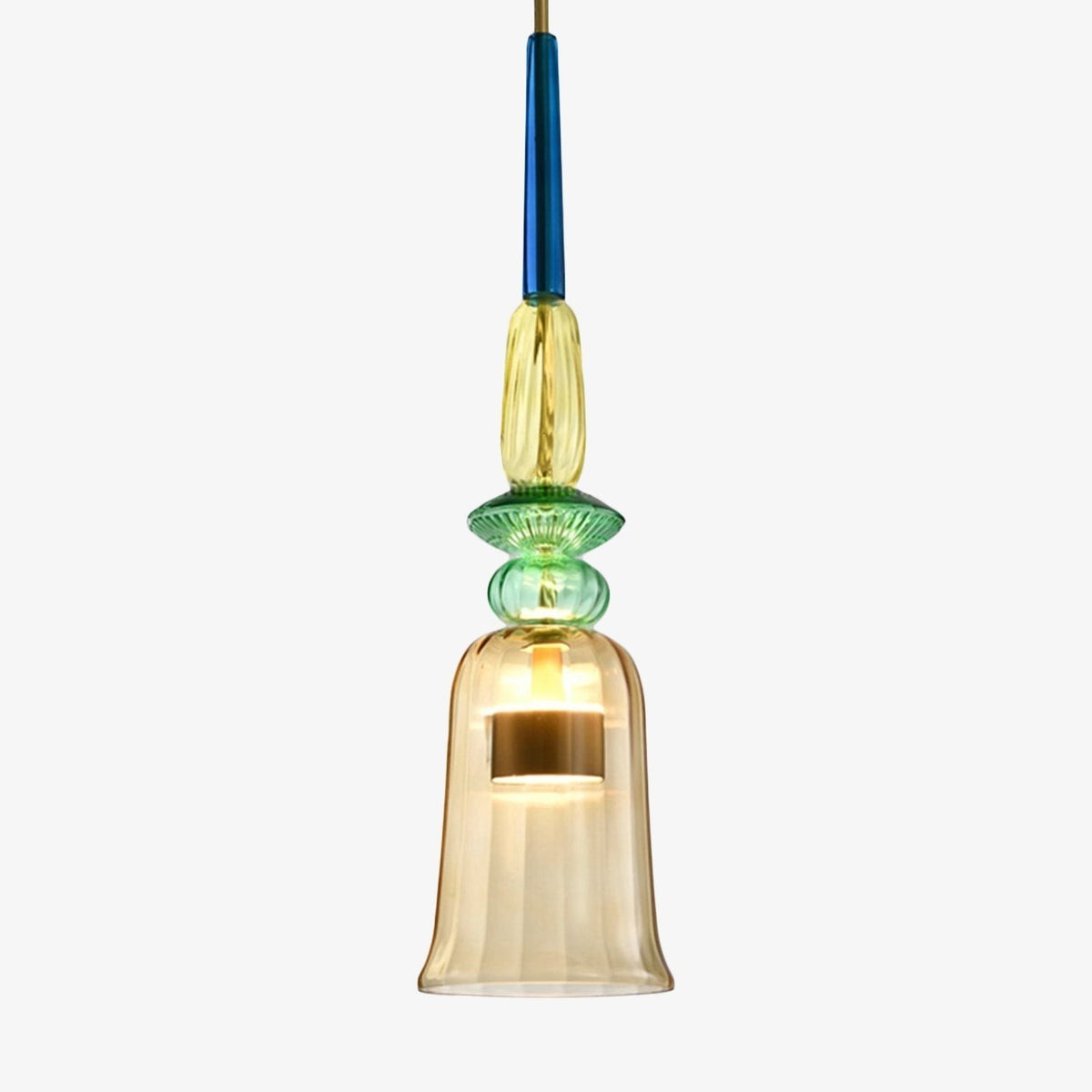 Lumiris suspension moderne en verre coloré ambre, vert et bleu, design artistique, idéale pour salle à manger.