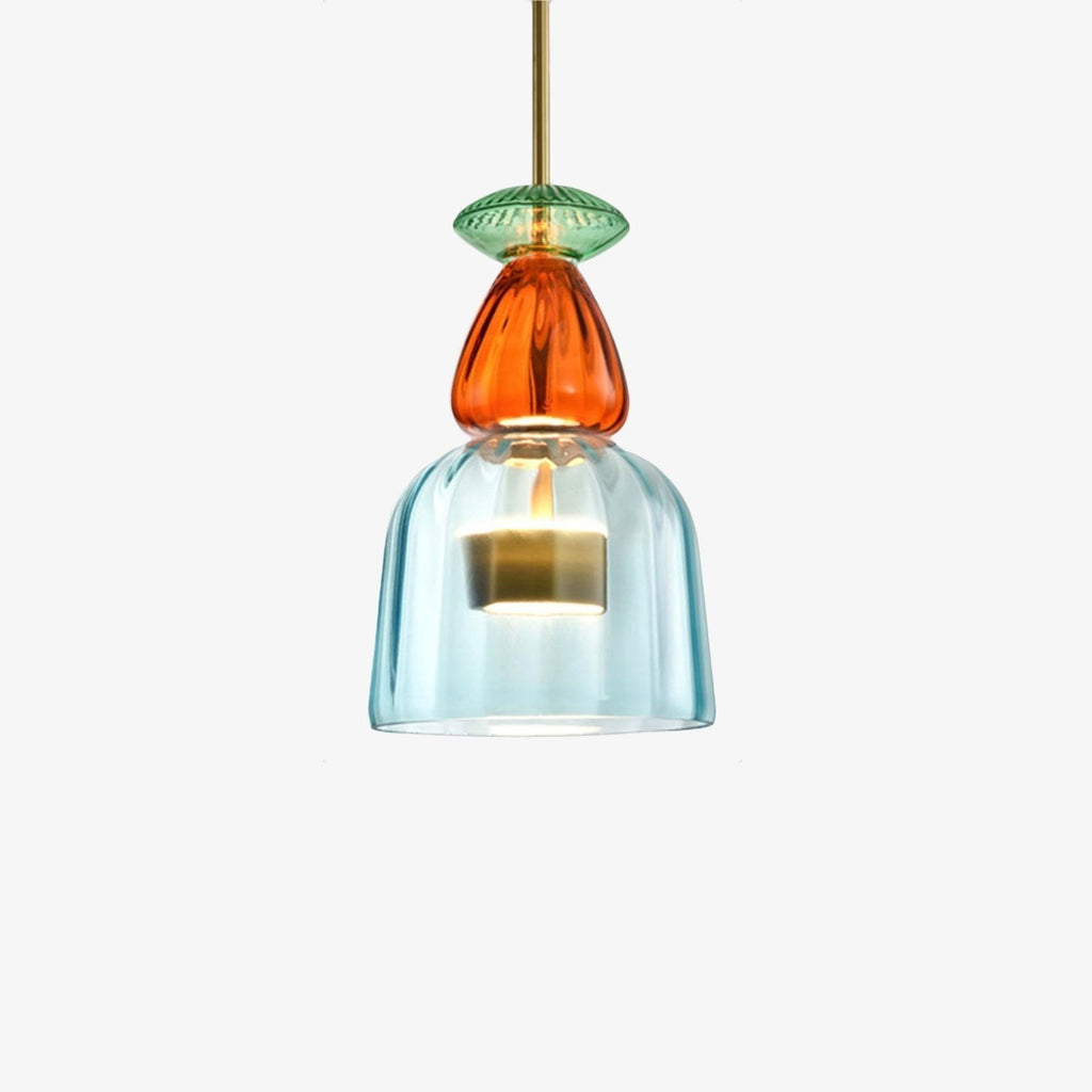 Lumiris suspension LED en verre coloré bleu, orange et vert, design moderne pour salle à manger.