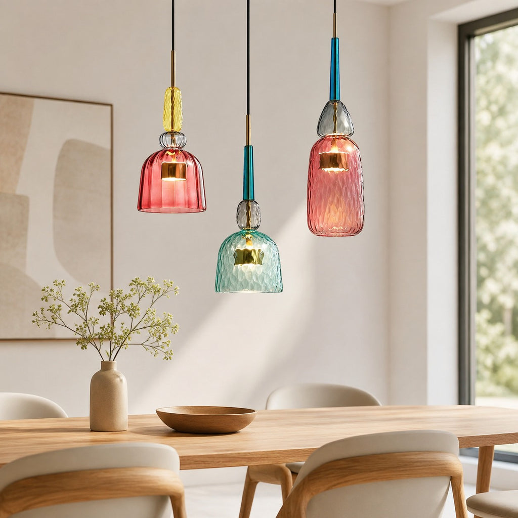 Lumiris Suspension LED en verre coloré, design moderne, abat-jour texturé rose, bleu et vert, idéal pour salle à manger.