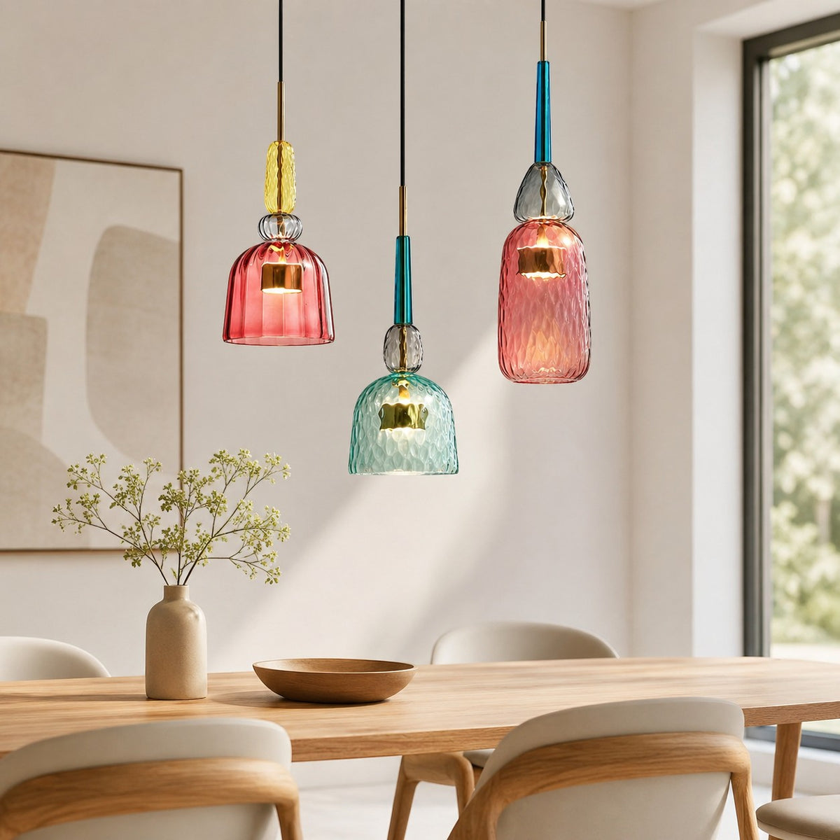 Lumiris Suspension LED en verre coloré, design moderne, abat-jour texturé rose, bleu et vert, idéal pour salle à manger.
