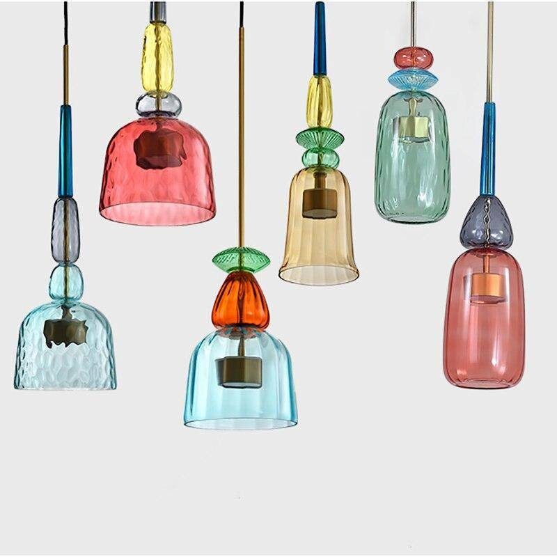Lumiris suspension LED en verre coloré, design moderne, abat-jour multicolore (bleu, rose, rouge, jaune, vert), idéal pour salle à manger.