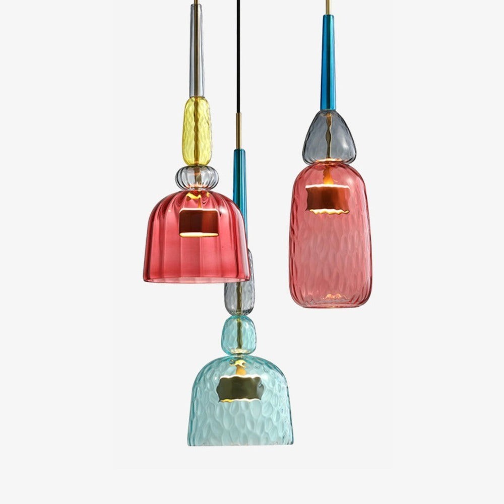 Lumiris Suspension LED en verre coloré, design moderne, abat-jour texturé rose, bleu et jaune.