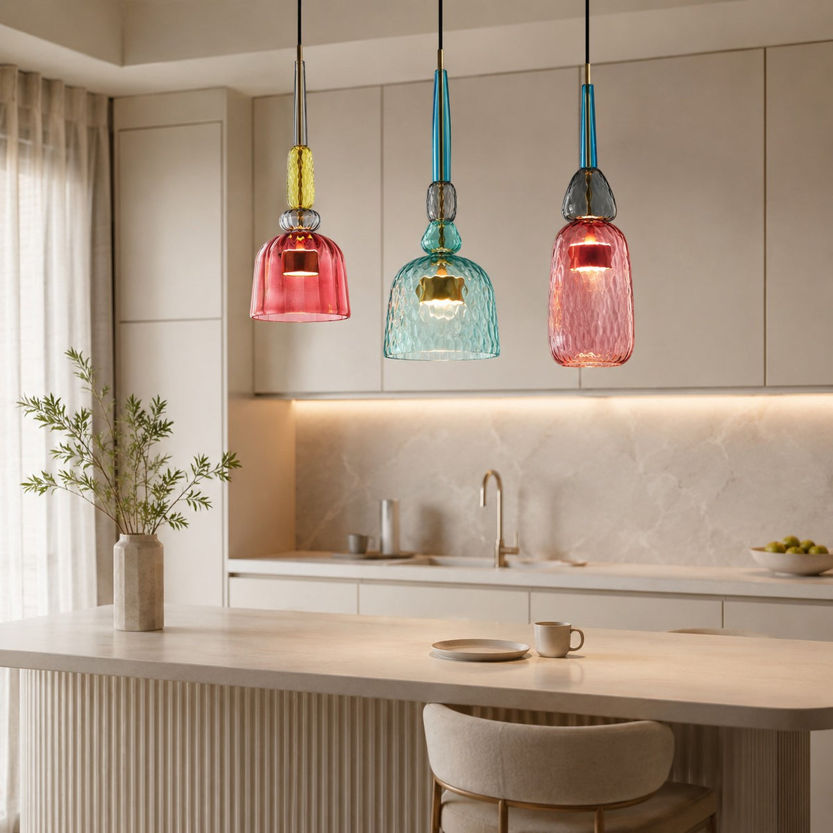 Lumiris Suspension LED en verre coloré, design moderne, abat-jour rose, bleu et jaune, idéal pour salle à manger.