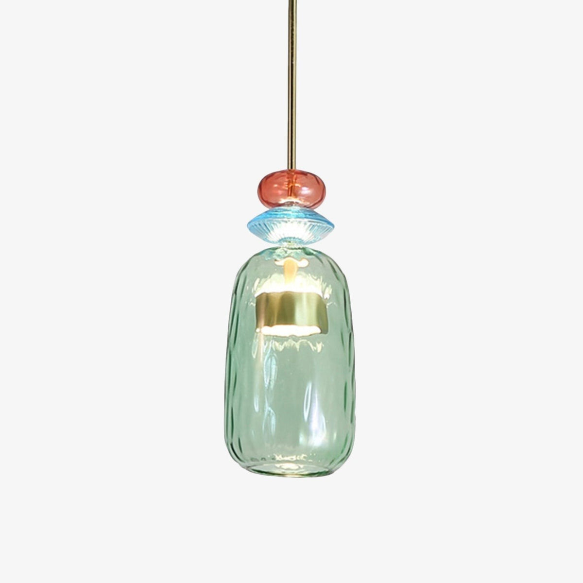 Lumiris suspension LED en verre vert texturé avec perles décoratives bleues et roses, style moderne.